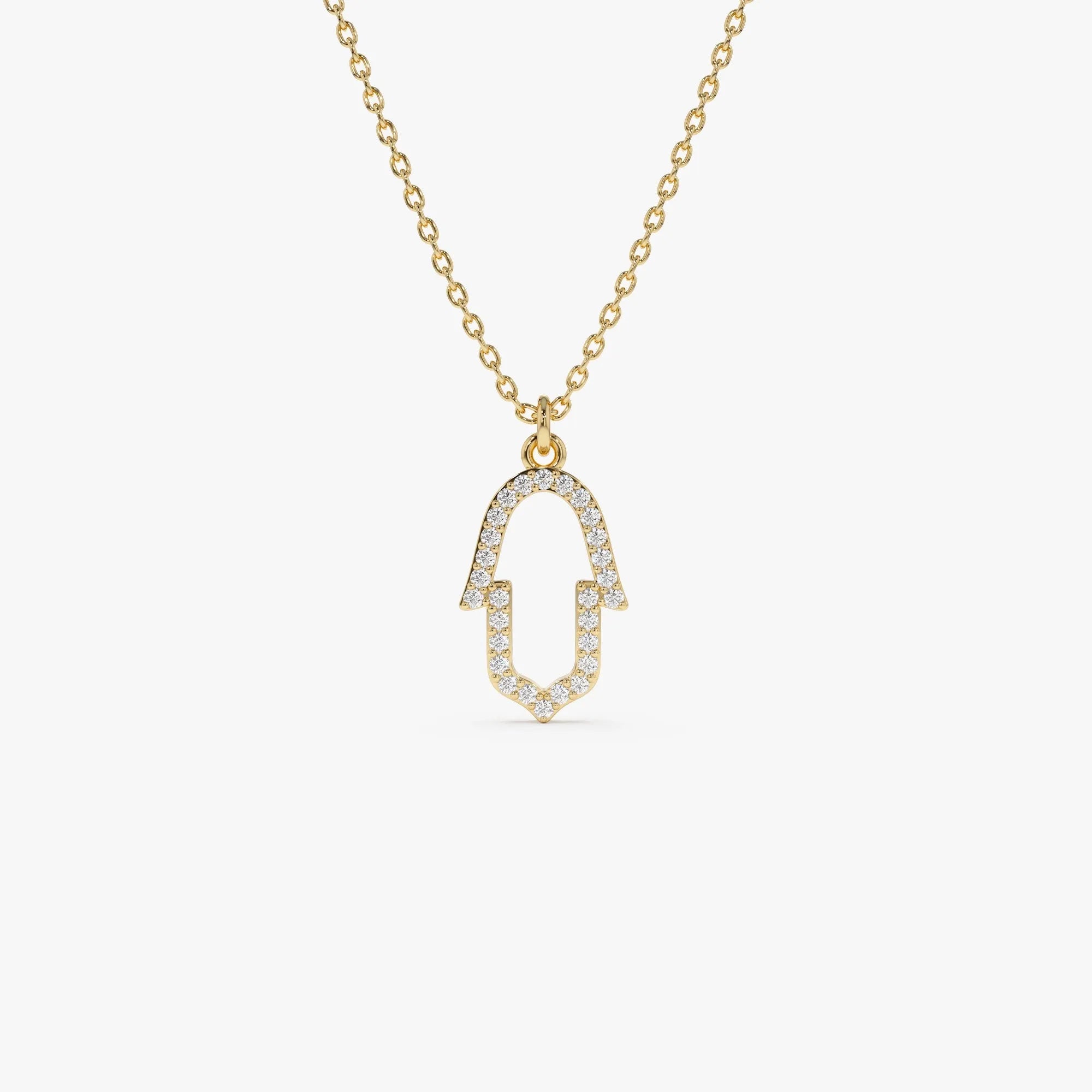 14K Solid Gold 0.14 CTW Round Diamond Hamsa Necklace