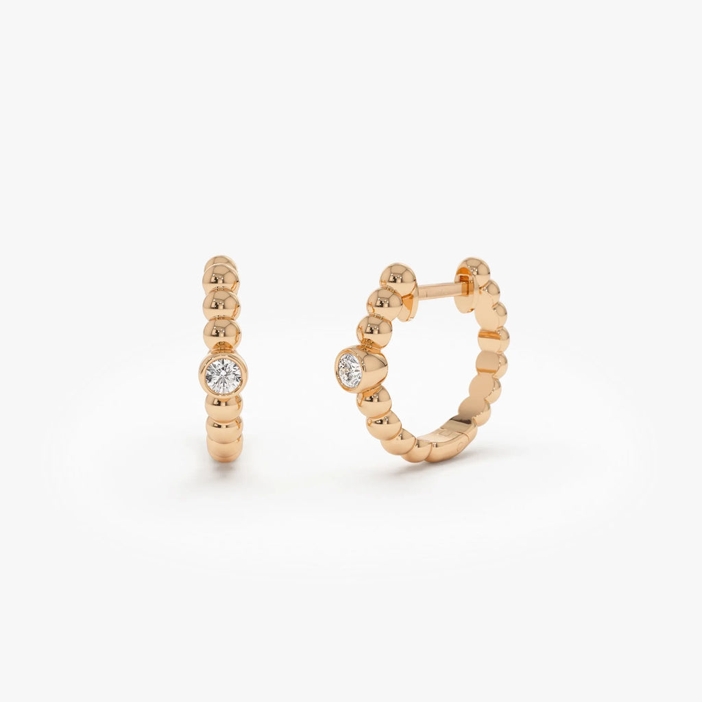 14k Gold Diamond Round Cut Bezel Setting Beaded Huggie Earrings 0.10 ctw