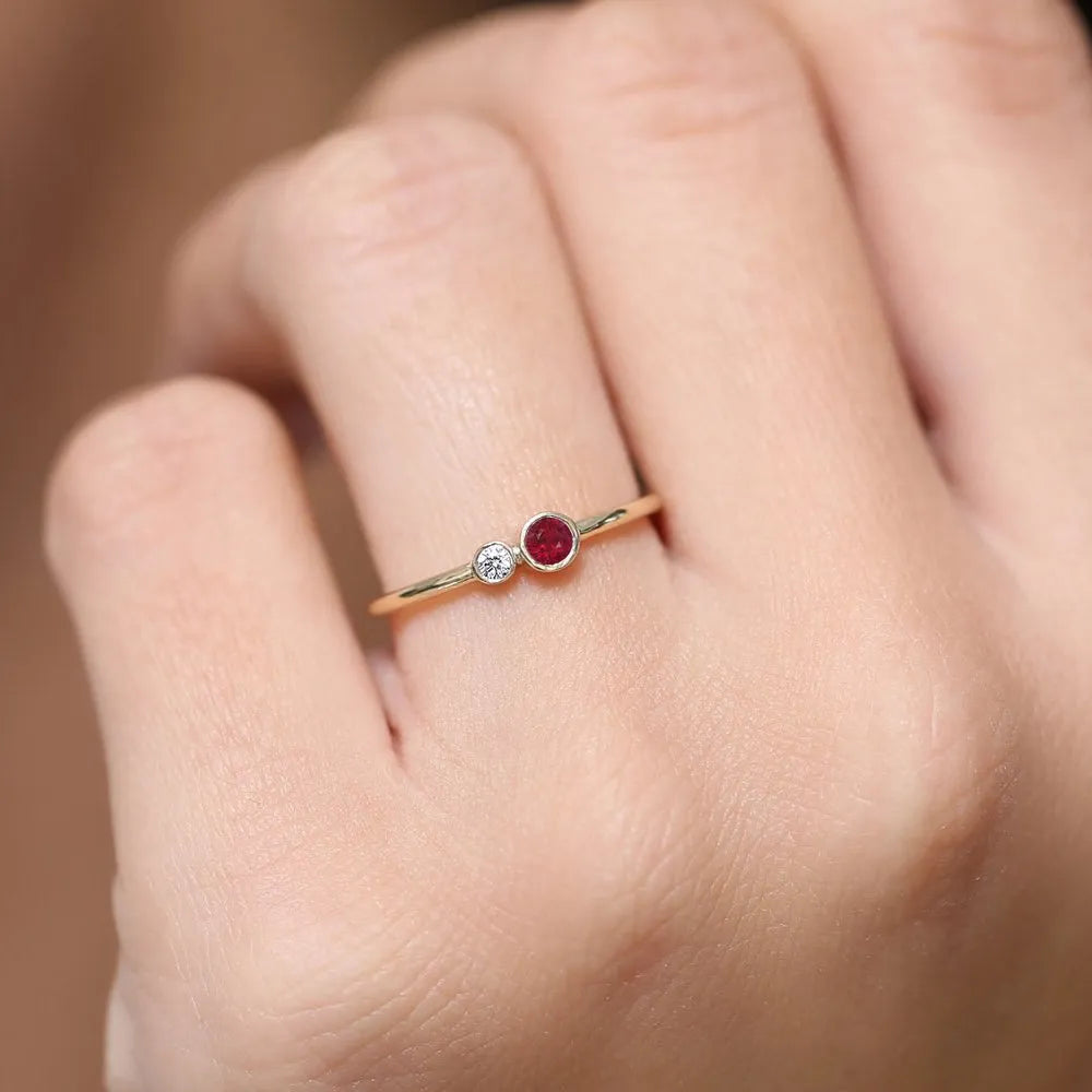 14k Gold Ruby and Diamond Round Cut Ring Bezel Setting Minimalist 0.18 ctw