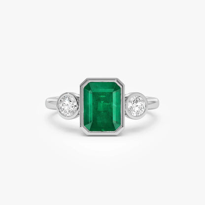 14K Solid Gold Emerald Cut Emerald Round Diamond Three Stone Bezel Set Ring 1.89 CTW