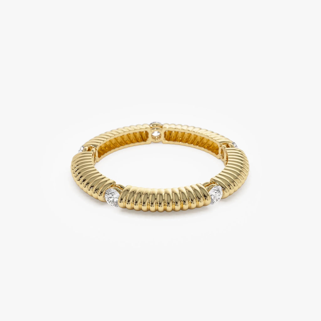 14k Solid Gold Round Diamond 0.30ctw Ribbed Wedding Ring