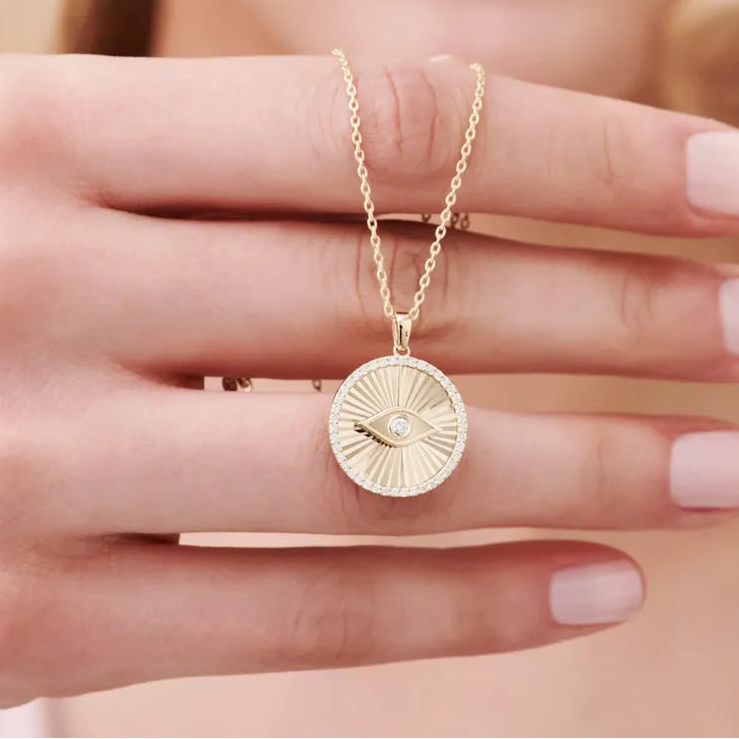14K Solid Gold Round Diamond Evil Eye Medallion Disc Necklace 0.29ctw