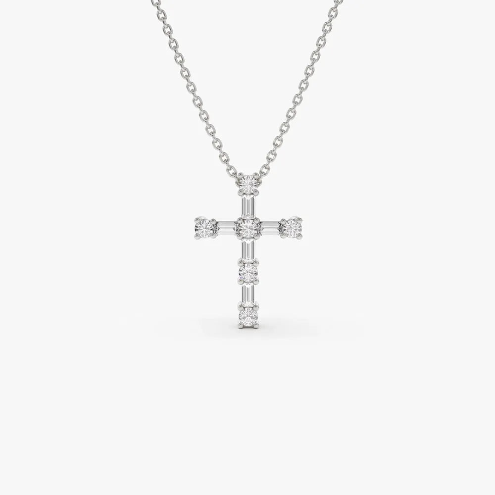 14K Solid Gold Baguette and Round Diamond Pendant Necklace 0.40ctw