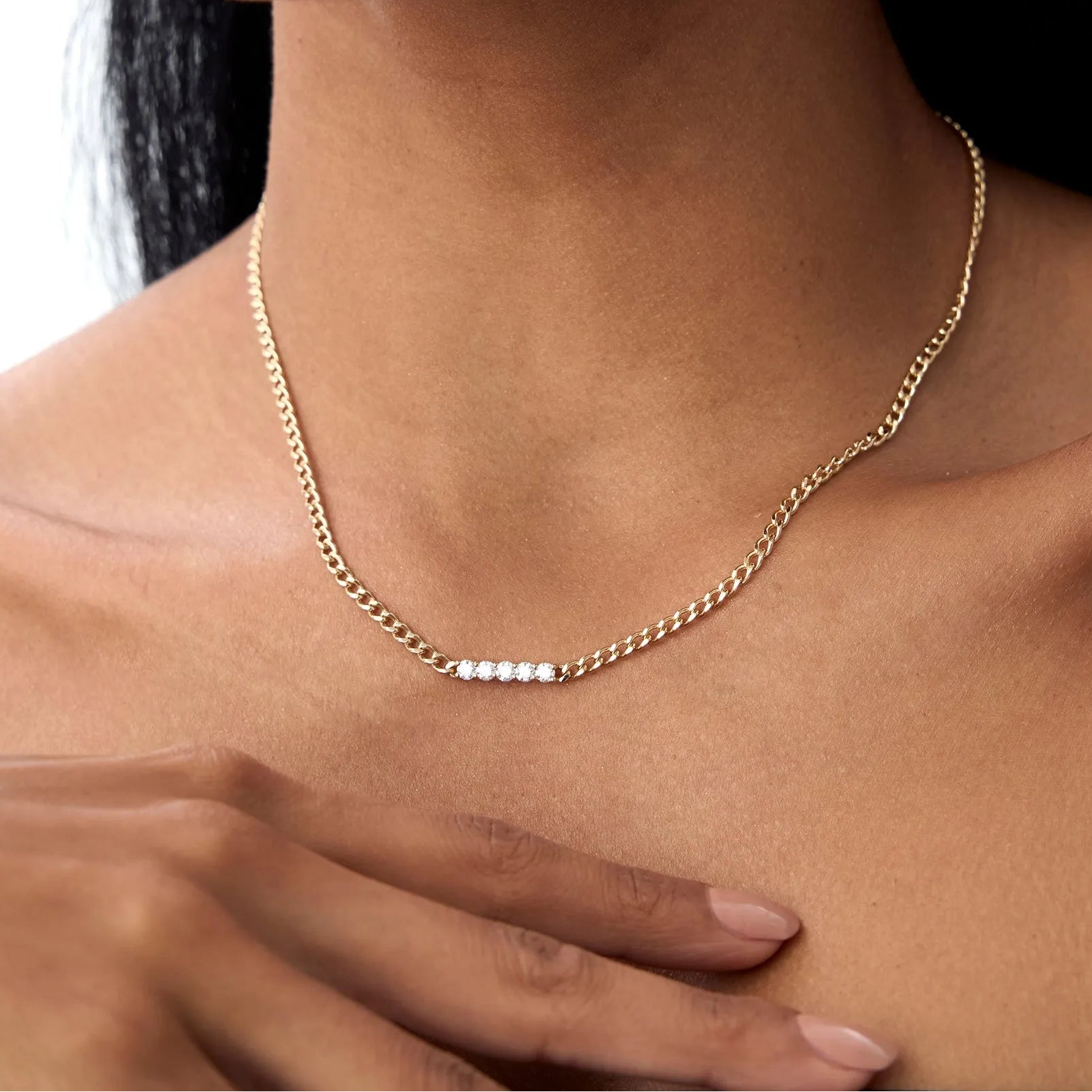 14K Solid Gold Round Diamond 5 Stone Bar Cuban Link Necklace 0.50ctw