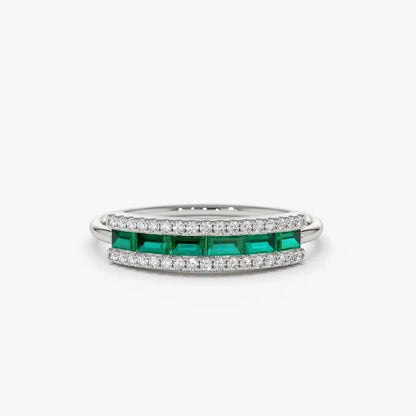 14K Solid Gold Baguette Emerald and Round Diamond Channel Micro Pave Ring 0.60 CTW
