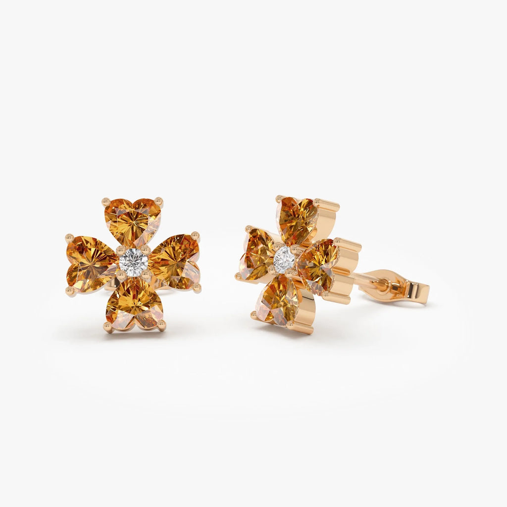 14K Solid Gold Heart Shaped Citrine and Diamond Four Leaf Clover Stud Earrings