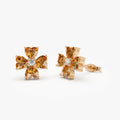 14K Solid Gold Heart Shaped Citrine and Diamond Four Leaf Clover Stud Earrings