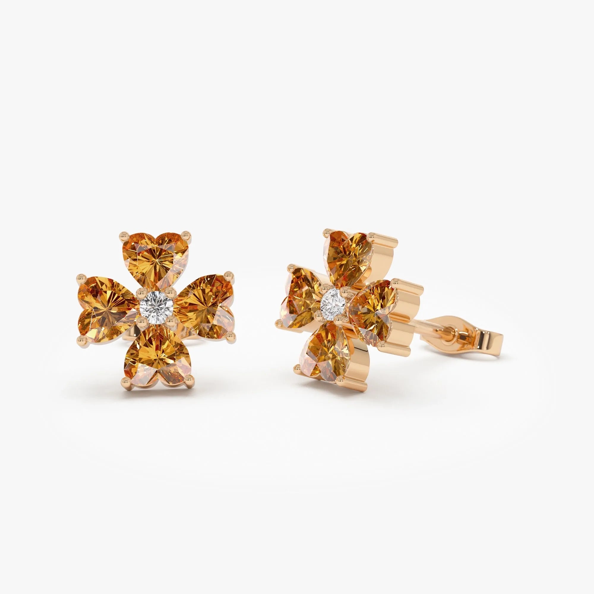 14K Solid Gold Heart Shaped Citrine and Diamond Four Leaf Clover Stud Earrings