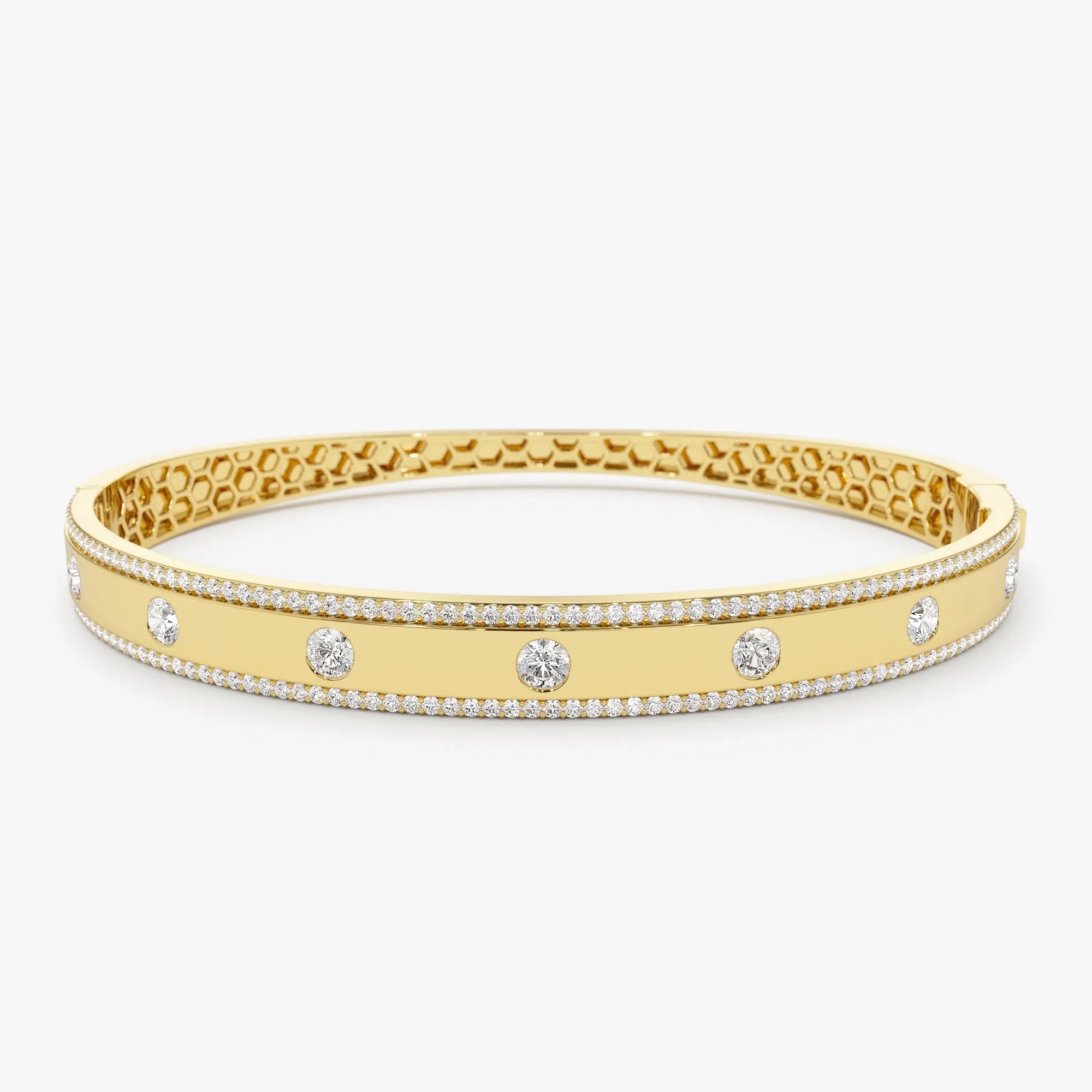 14K Solid Gold 2.00 CTW Round Diamond Flush Set Pave Edge Bangle