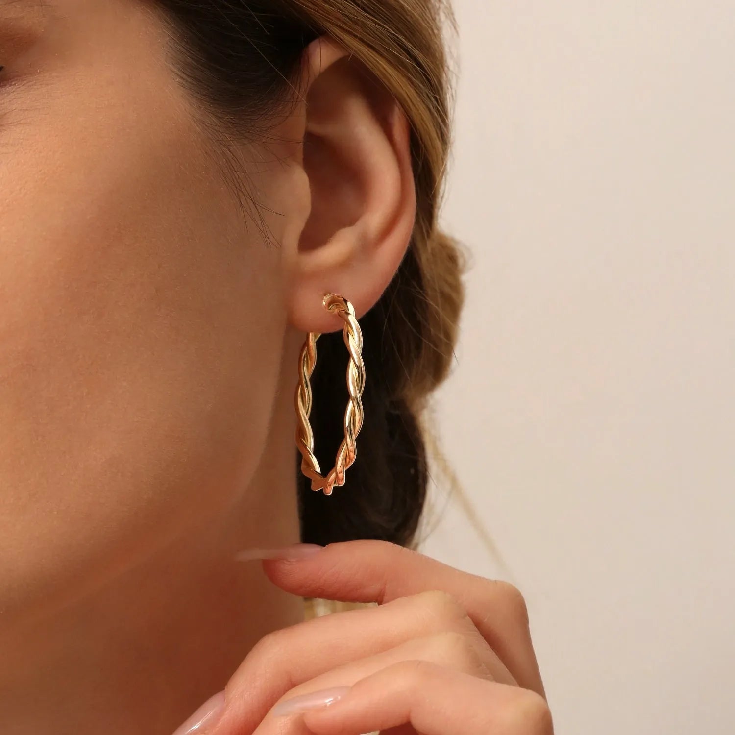 14k Solid Gold Twisted Hoop Earrings 40mm Large Design 3.5mm Width