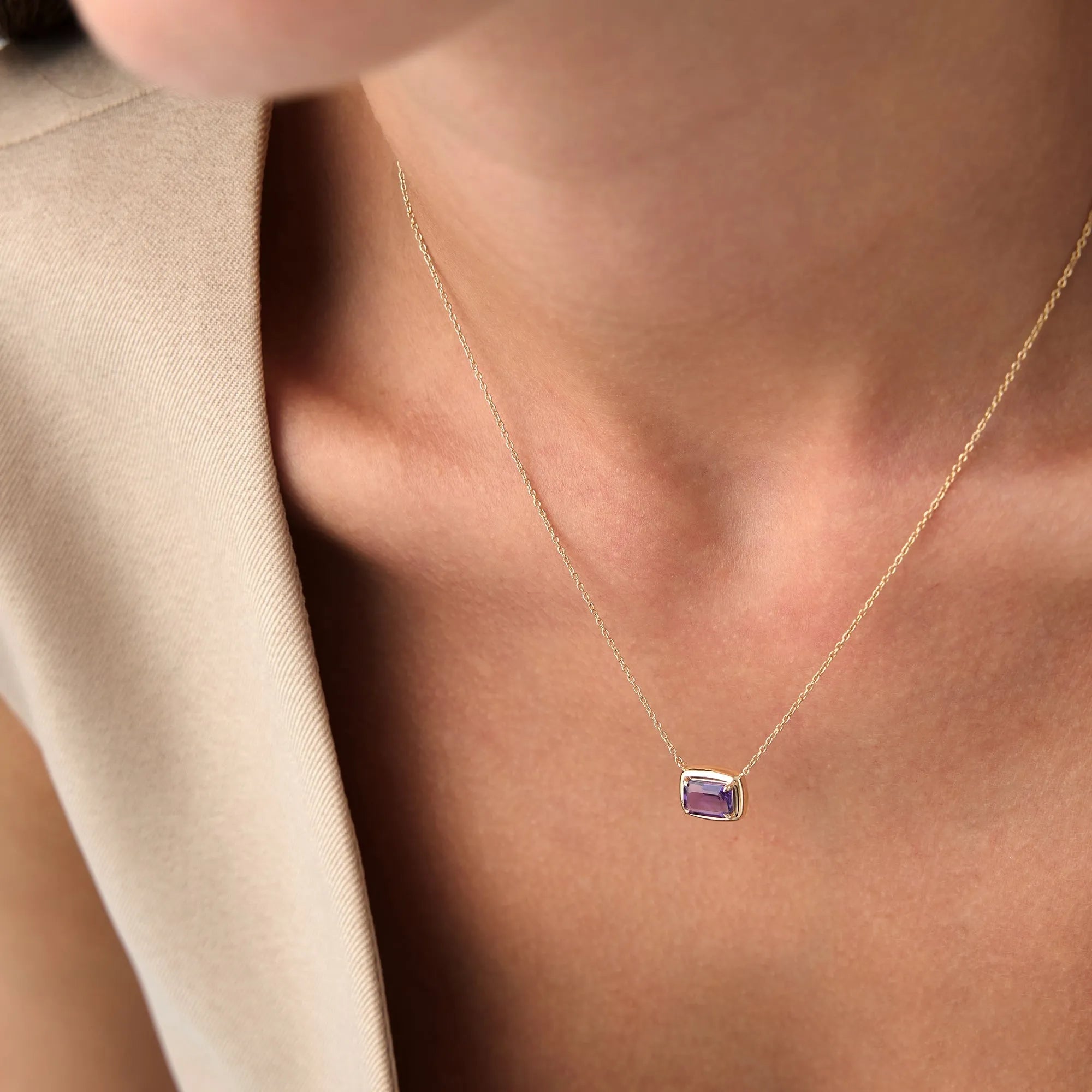 14k Solid Gold Amethyst Emerald Cut Necklace 0.95 Carat Prong Setting