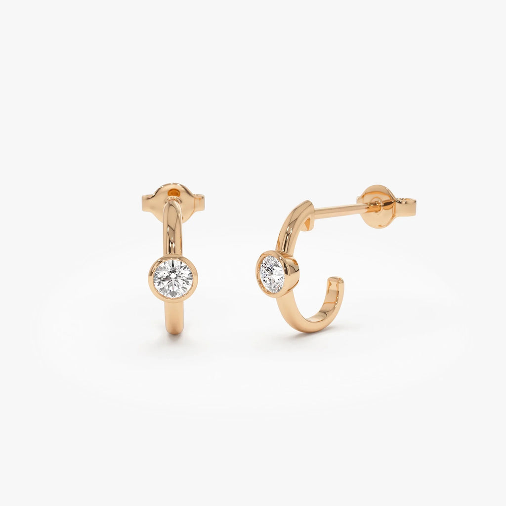 14k Gold Diamond Round Cut Bezel Setting J Hoop Earrings 0.20 ctw