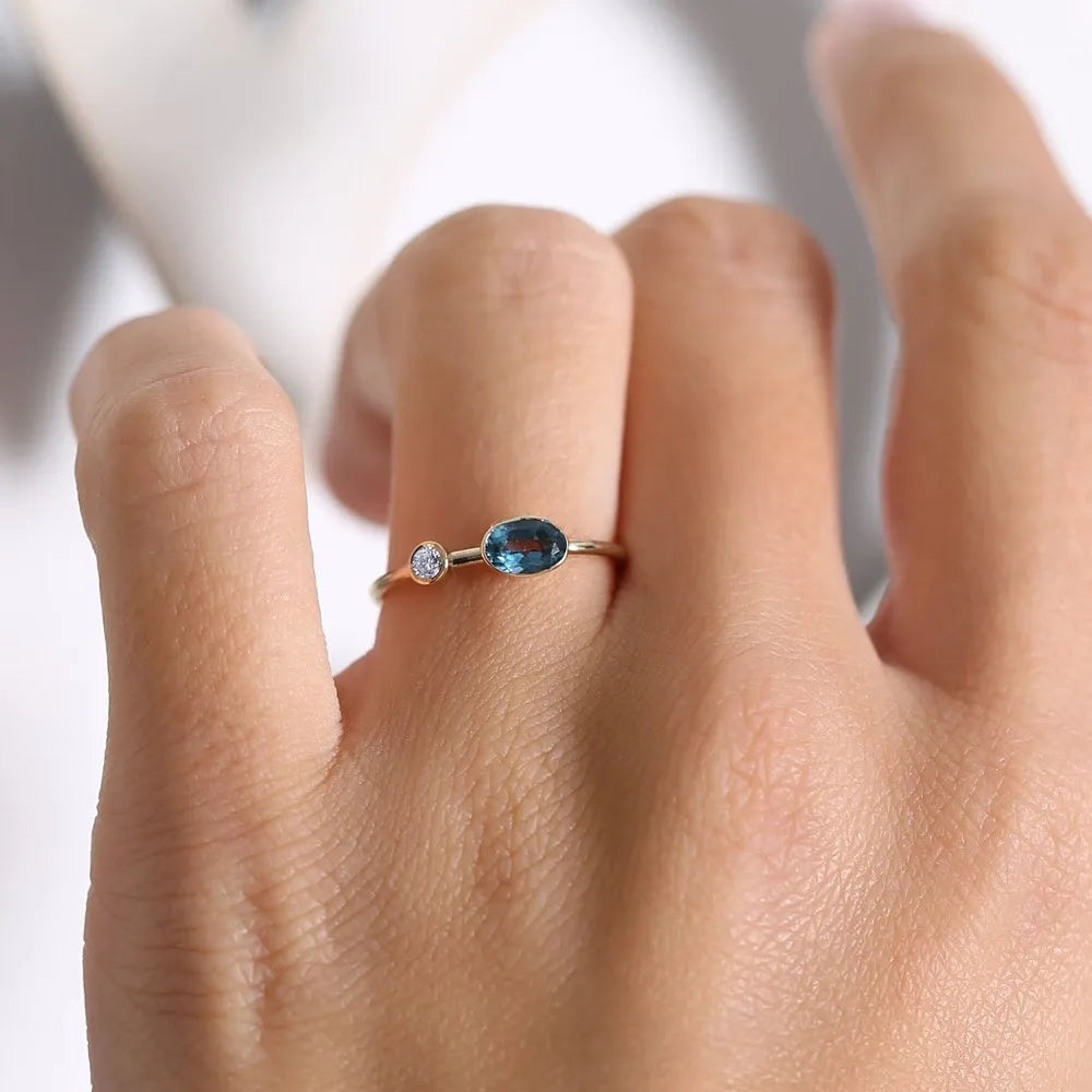 14K Solid Gold Oval London Blue Topaz and Diamond 0.59ctw Bezel Set Ring