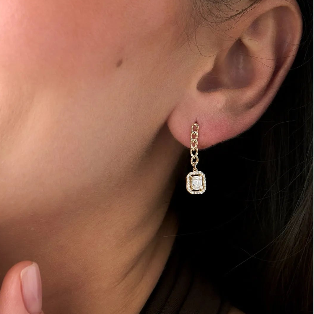 14k Gold Diamond Baguette and Round Cut Halo Chain Curb Link Earrings 0.38 ctw