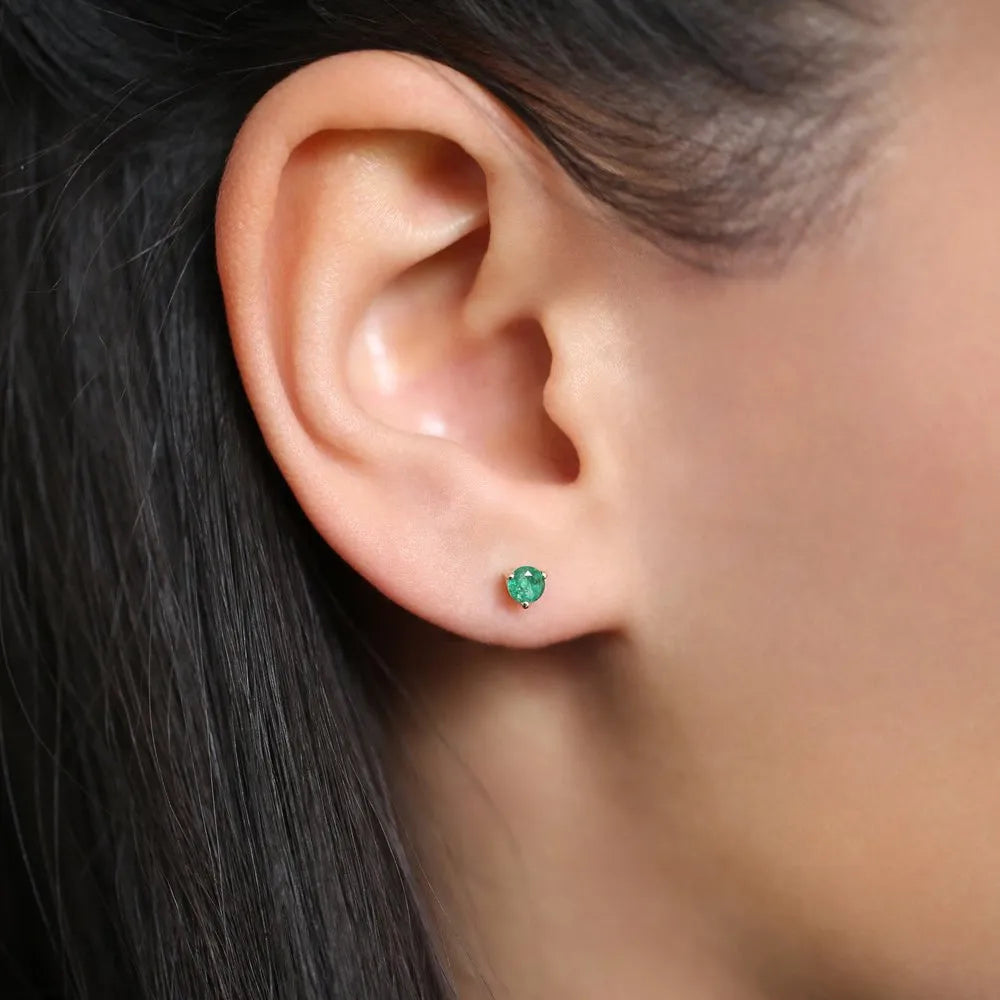 14K Gold Round Cut Emerald 3 Prong Stud Earrings 0.41ctw