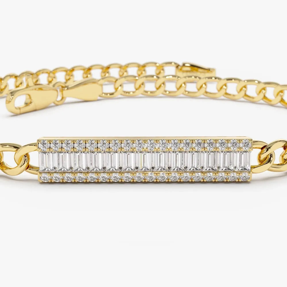 14K Solid Gold 0.42 CTW Baguette and Round Diamond Bar Curb Link Bracelet
