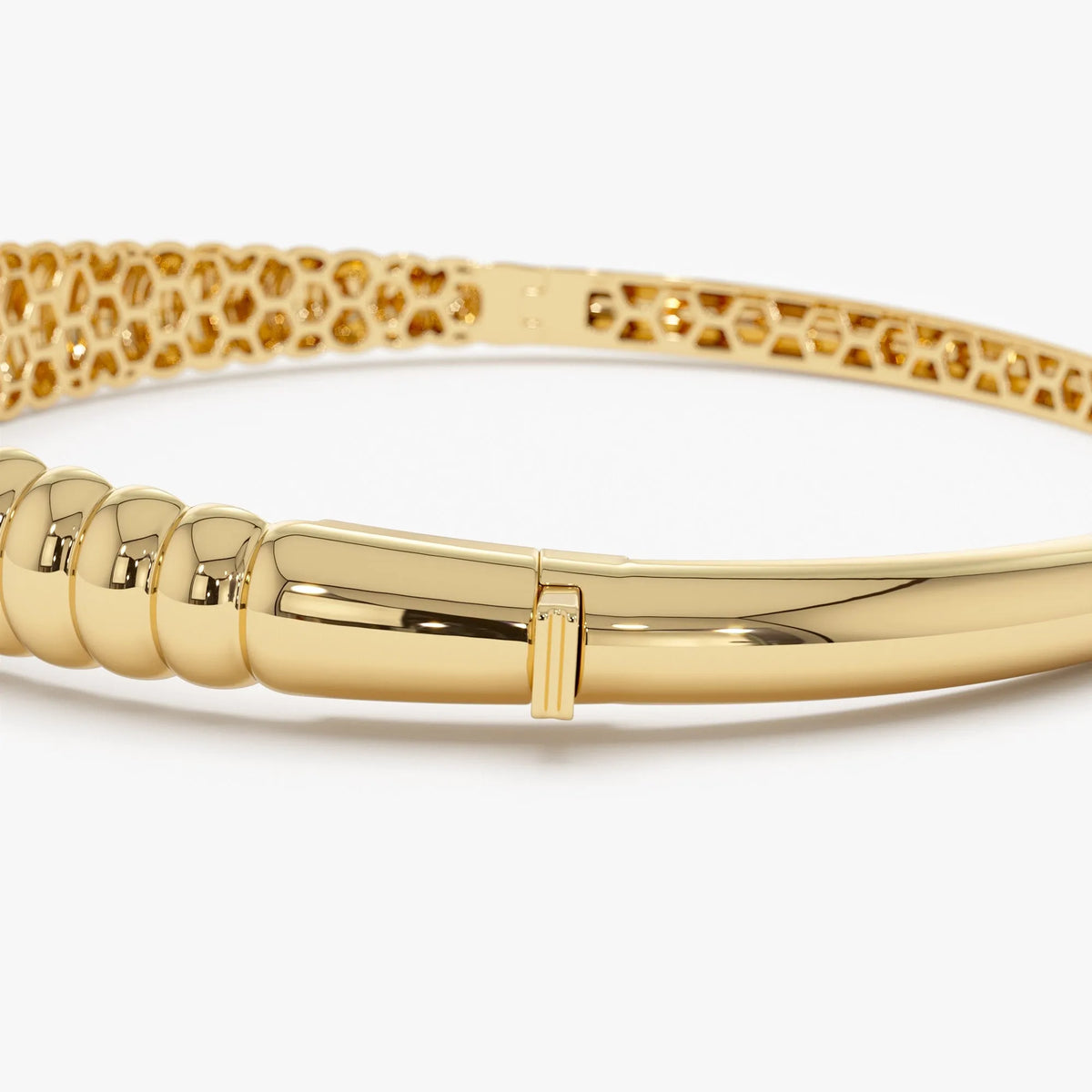 14K Solid Gold Wide Chunky Ribbed Bangle Bracelet