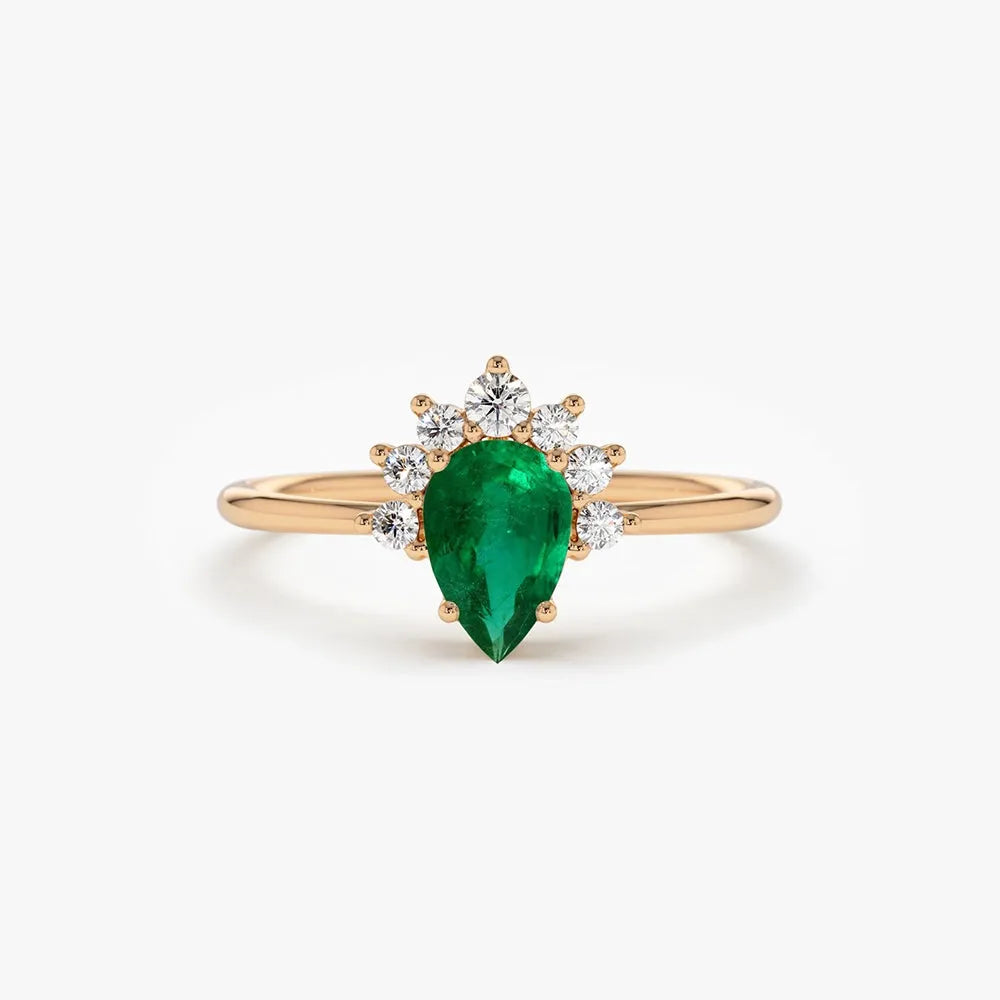 14K Solid Gold Pear Shape Emerald and Round Diamond Half Halo Engagement Ring 0.43 CTW