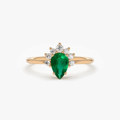 14K Solid Gold Pear Shape Emerald and Round Diamond Half Halo Engagement Ring 0.43 CTW