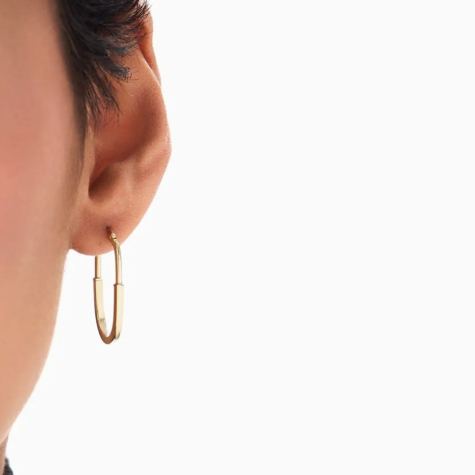 14k Yellow Gold Flat Edge Drop Hoop Earrings 27mm Length 15mm Diameter 2mm Width