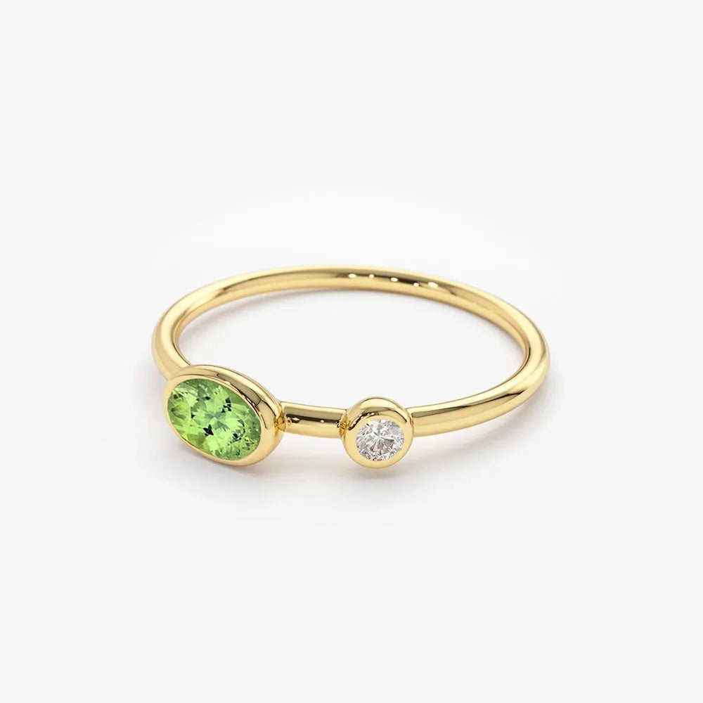 14K Solid Gold Oval Peridot and Diamond 0.56ctw Bezel Set Ring