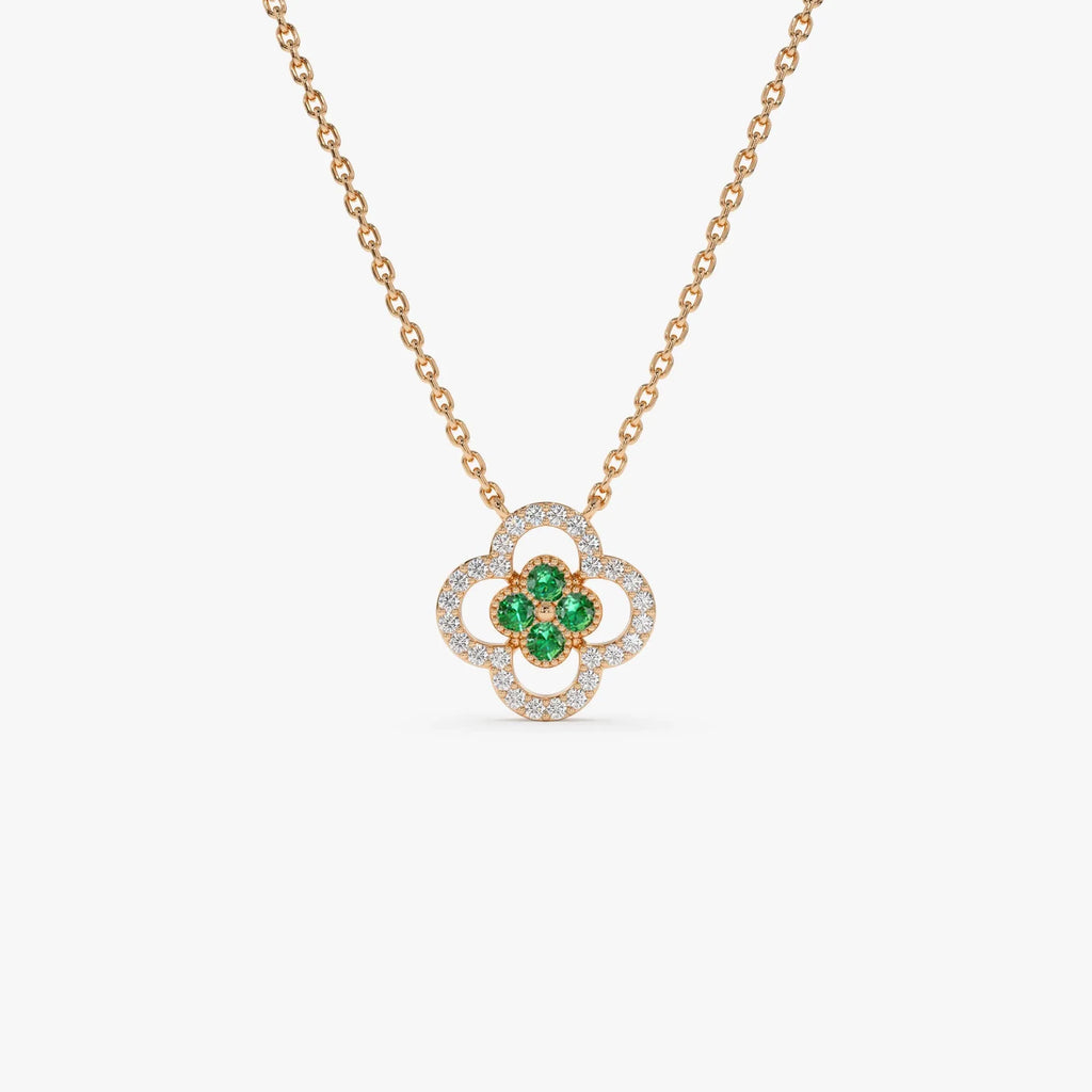 14k Solid Gold Round Emerald 0.10 CTW and Diamond 0.10 CTW Clover Halo Pendant Necklace