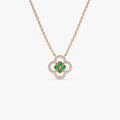 14k Solid Gold Round Emerald 0.10 CTW and Diamond 0.10 CTW Clover Halo Pendant Necklace