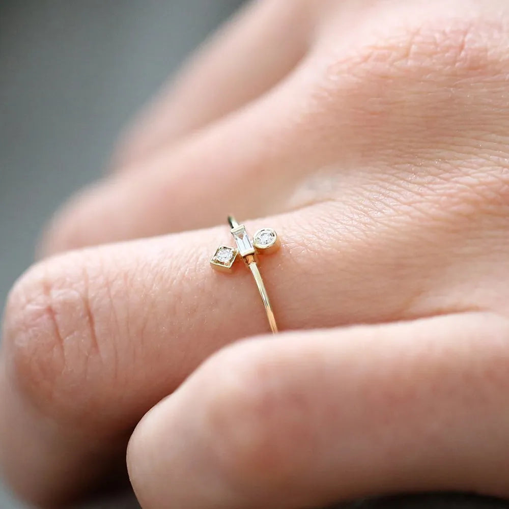14K Solid Gold Baguette and Round Cut Diamond Trio Ring 0.13 CTW Channel and Bezel Setting