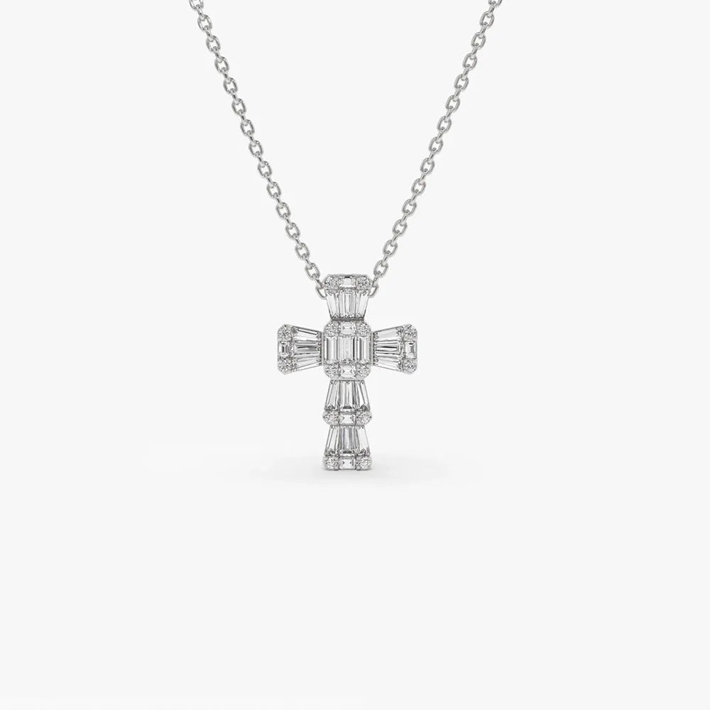 14k Solid Gold Baguette and Round Diamond 0.26 CTW Illusion Setting Cross