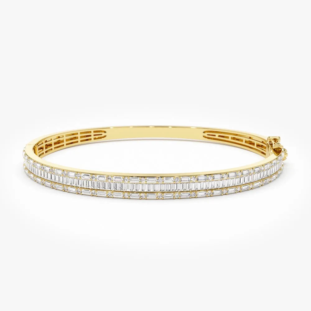 14K Solid Gold 2.60 CTW Baguette and Round Diamond Micro Pave Statement Bangle