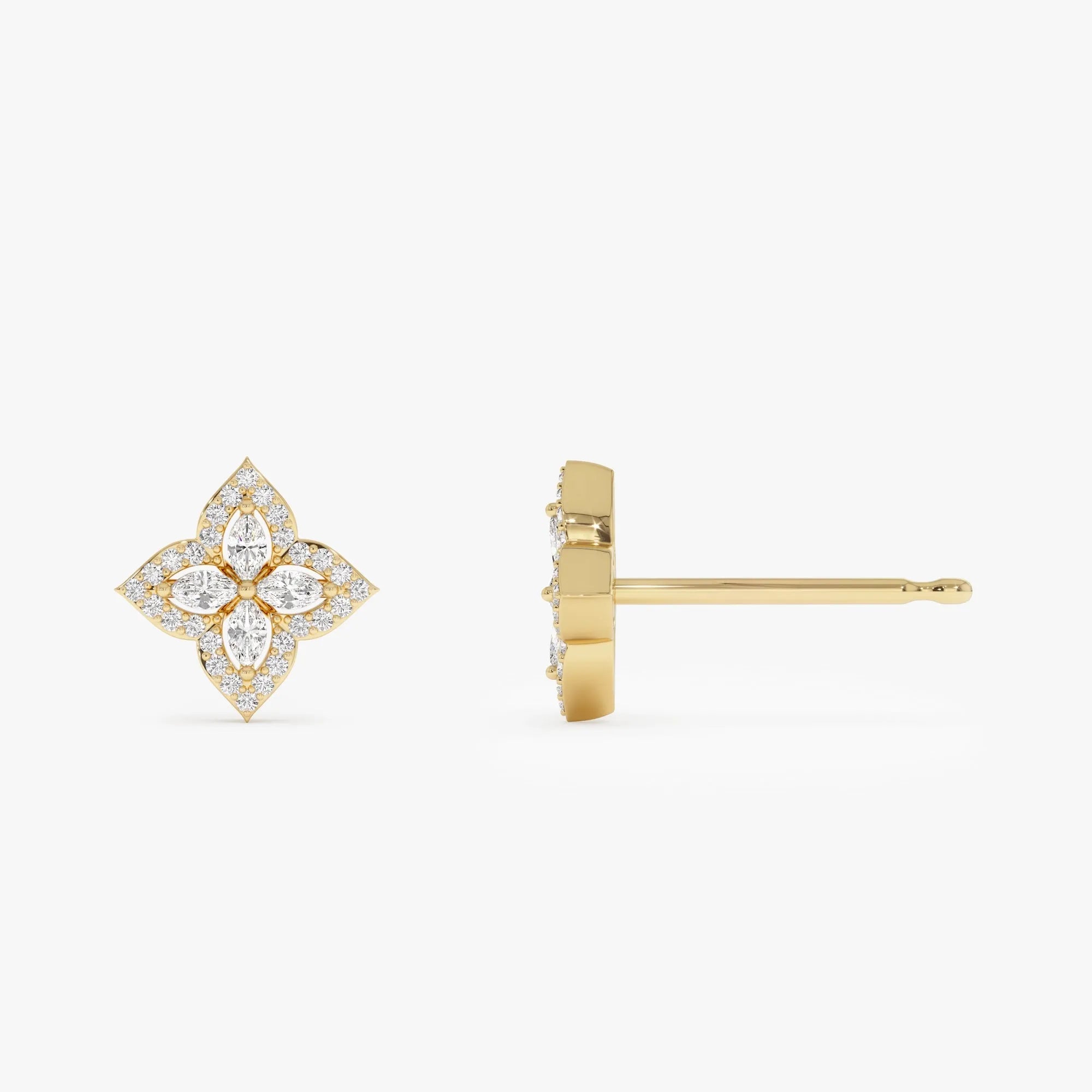 14k Gold Diamond Round and Marquise Cut Petal Halo Stud Earrings 0.45 ctw