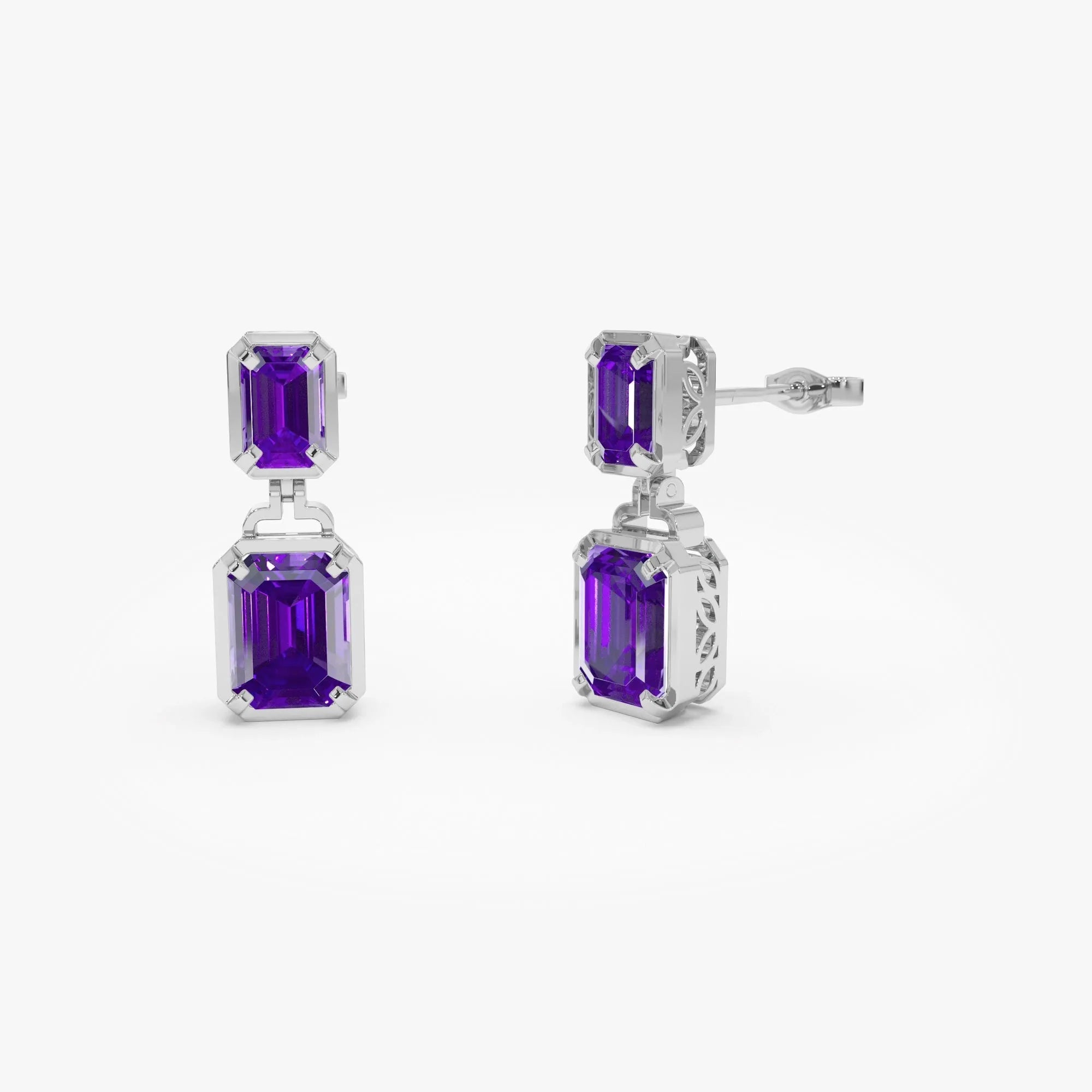 14K Solid Gold Octagon Cut Amethyst Dangle Drop Earrings 4.05ctw