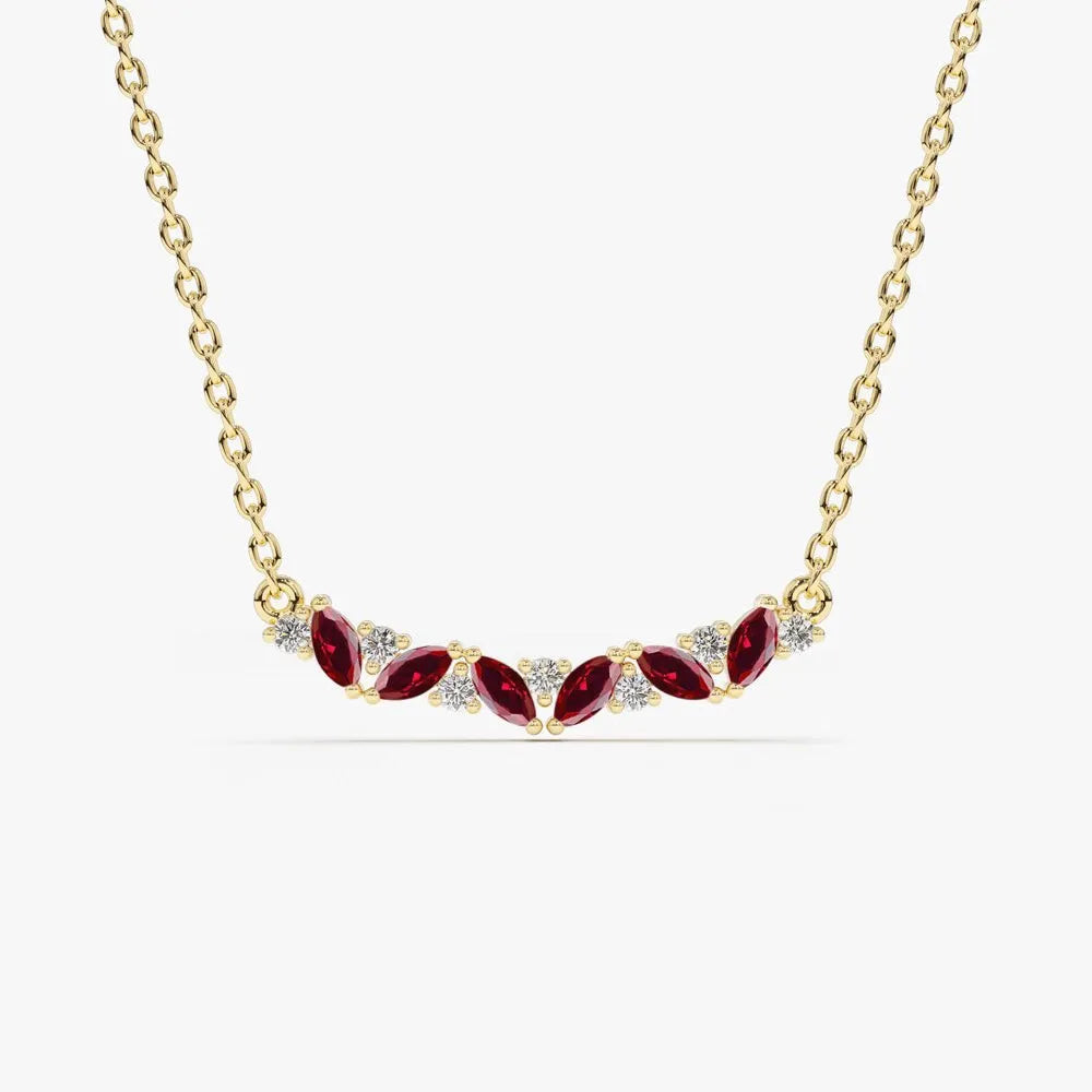 14k Solid Gold Ruby and Diamond Marquise Round Slanted Necklace 0.37 Carat