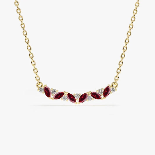 14k Solid Gold Ruby and Diamond Marquise Round Slanted Necklace 0.37 Carat
