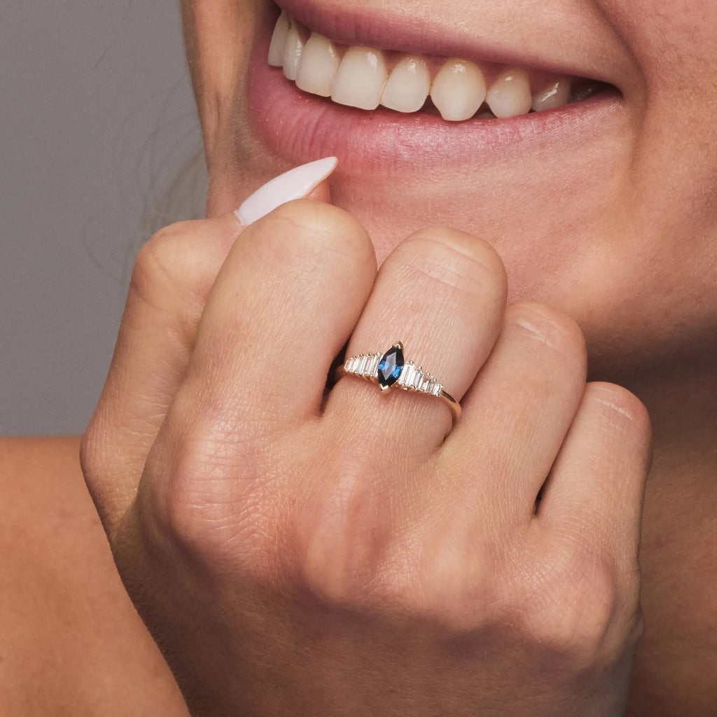 14k Gold Sapphire and Diamond Marquise and Baguette Cut Ring 0.83 ctw