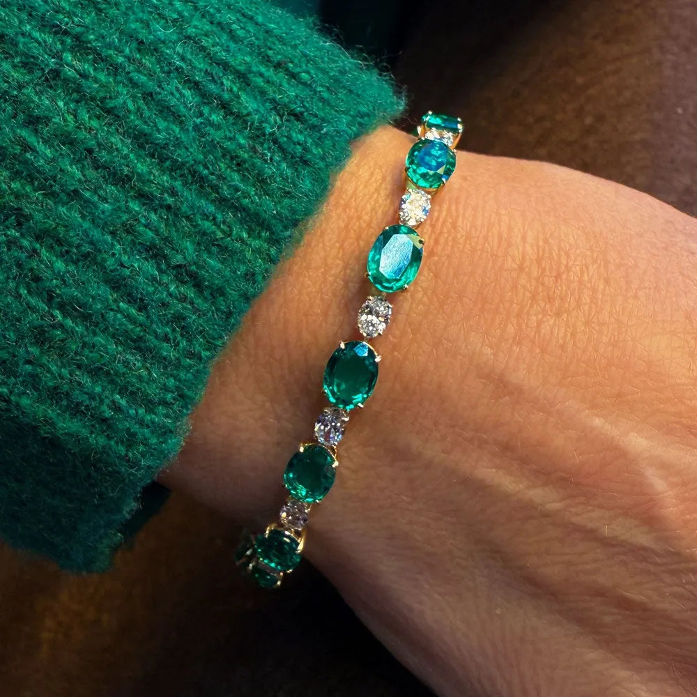 14K Solid Gold Lab Grown Colombian Emerald Cut Lab Grown Diamond 4 Prong Bracelet