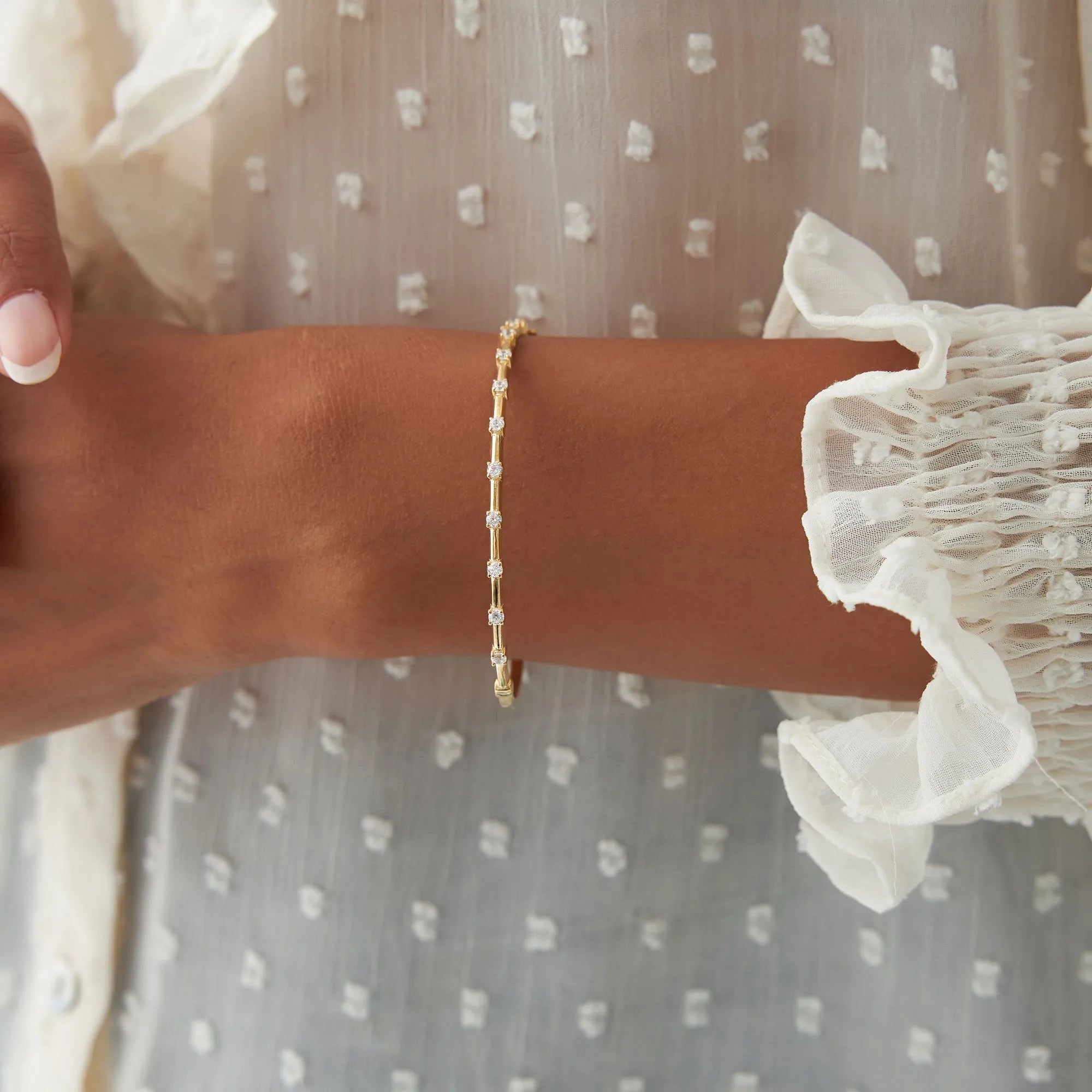 14K Solid Gold 0.55 CTW Round Diamond Bar Bangle
