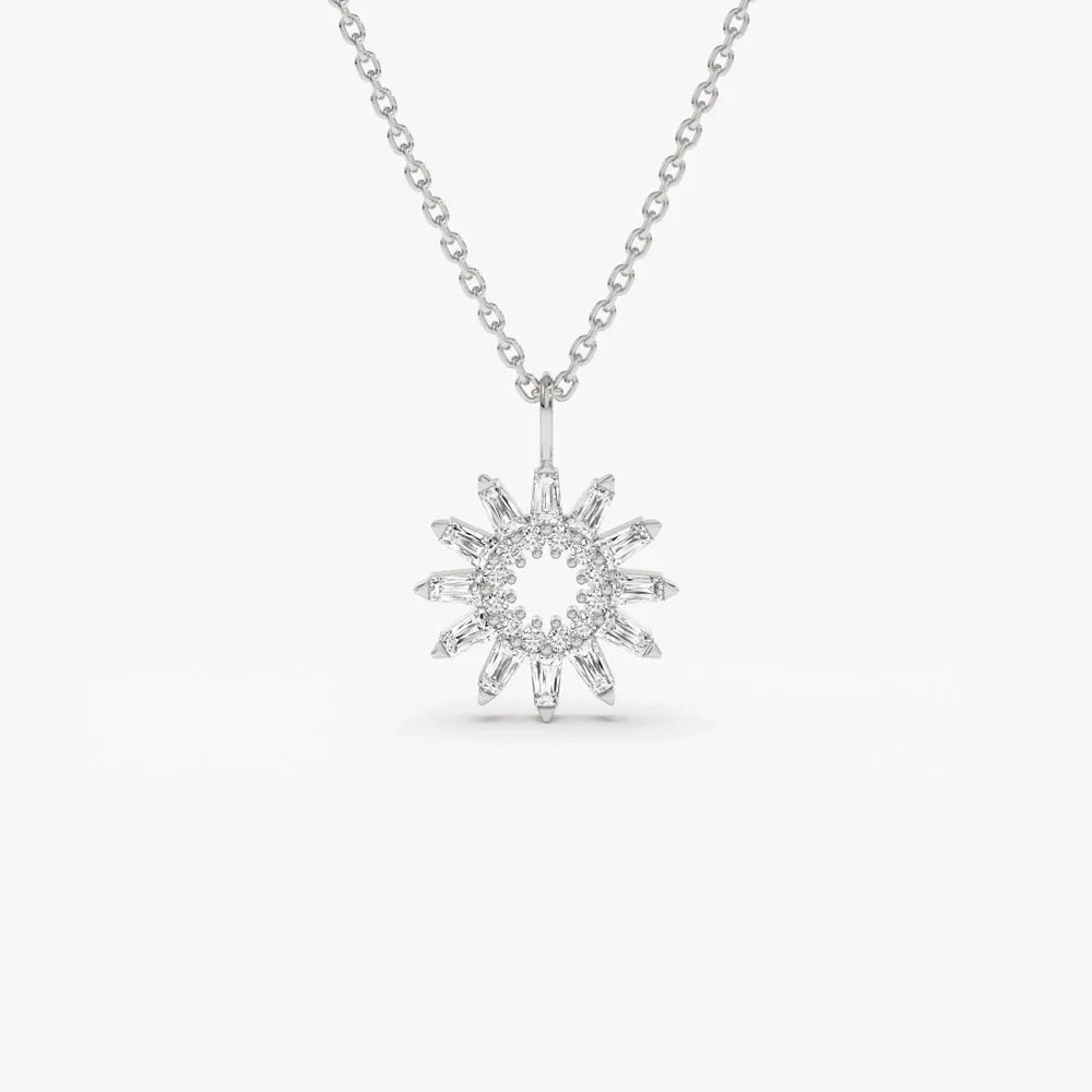 14K Solid Gold Baguette and Round Diamond Star Pendant Necklace Prong Setting 0.30ctw