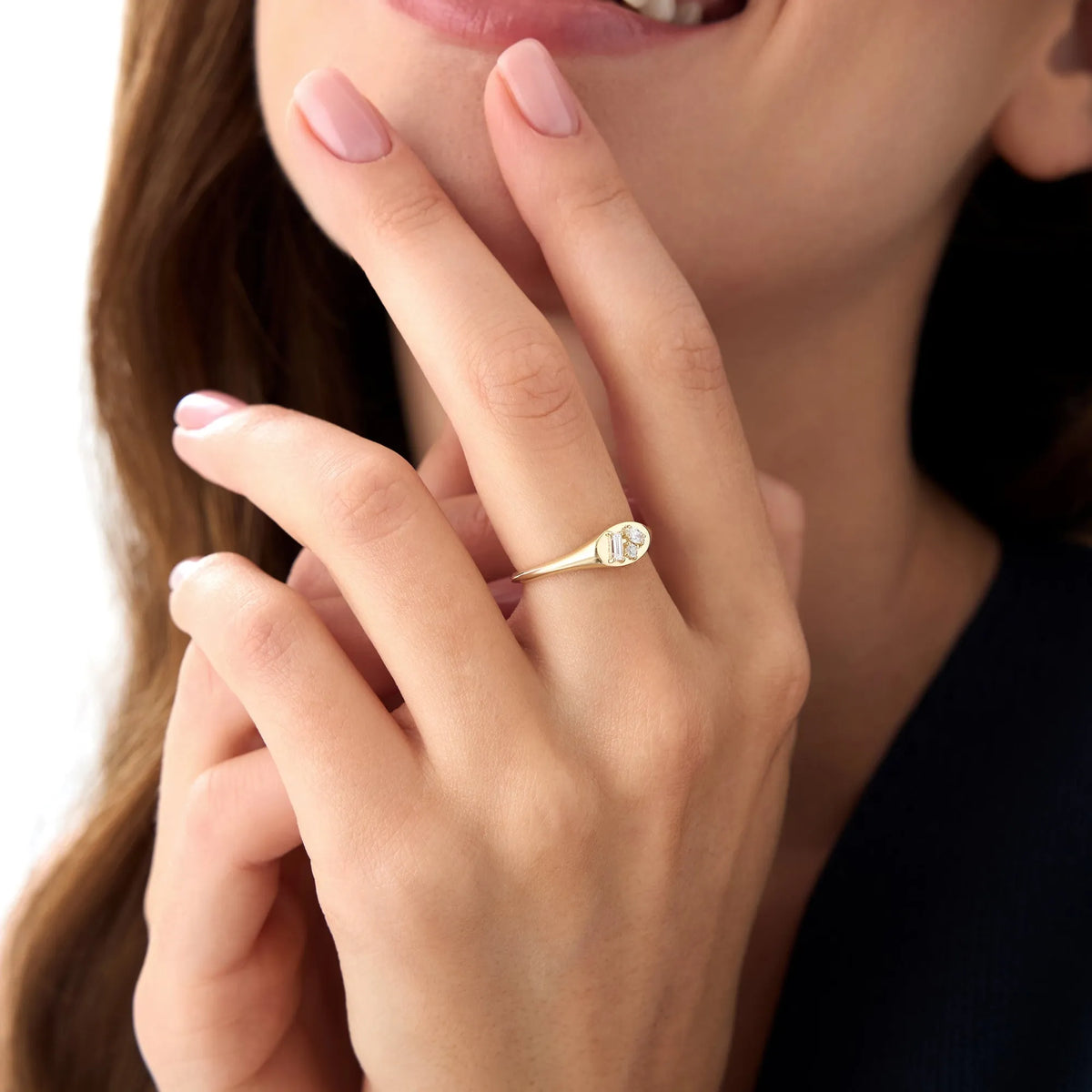 14K Solid Gold Mixed Cut Diamond Signet Ring 0.18 ctw Marquise Baguette and Round Natural Diamonds