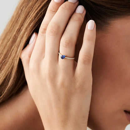 14k Gold Sapphire and Diamond Pear and Round Cut Slanted Pave Ring 0.67 ctw