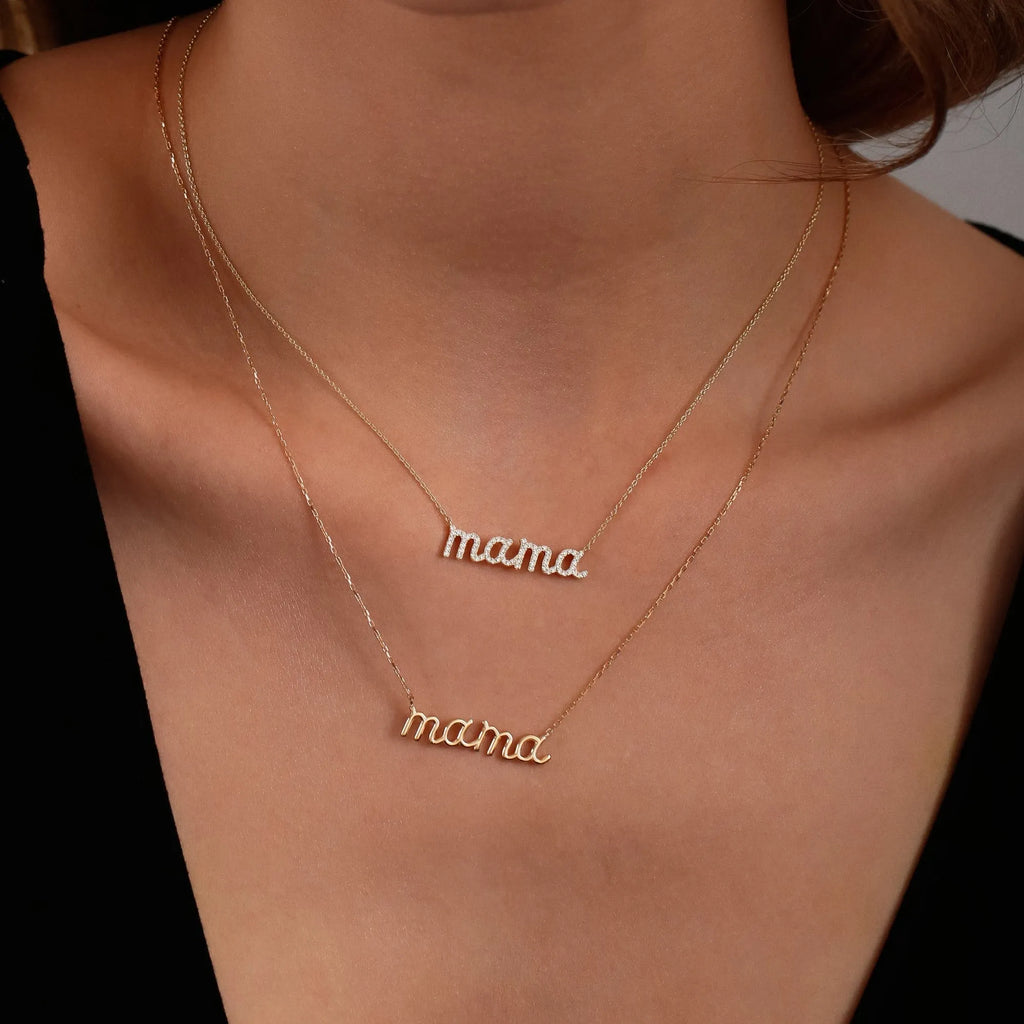 14k Solid Gold Round Diamond 0.30 CTW Micro Pave Script Mama Necklace