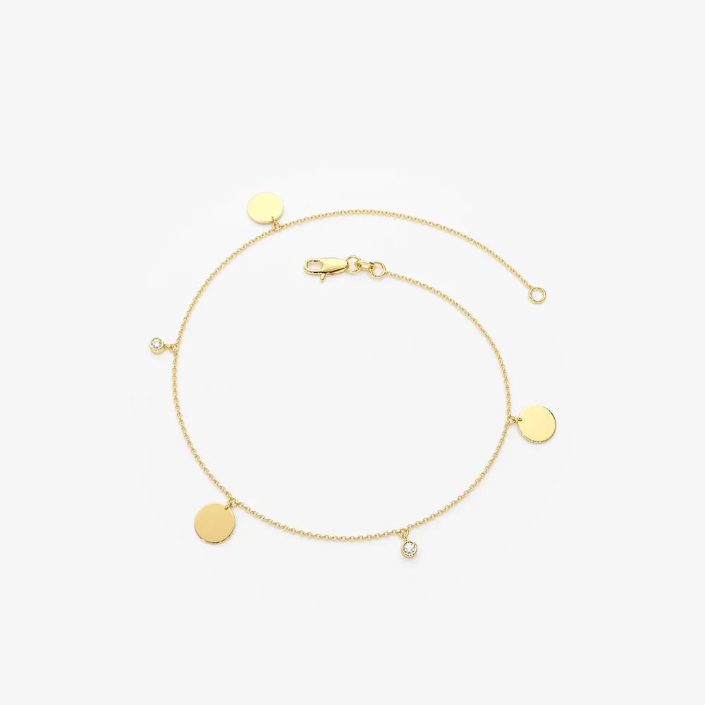 14K Solid Gold 0.08 CTW Round Diamond Bezel Set Dangling Disc Bracelet