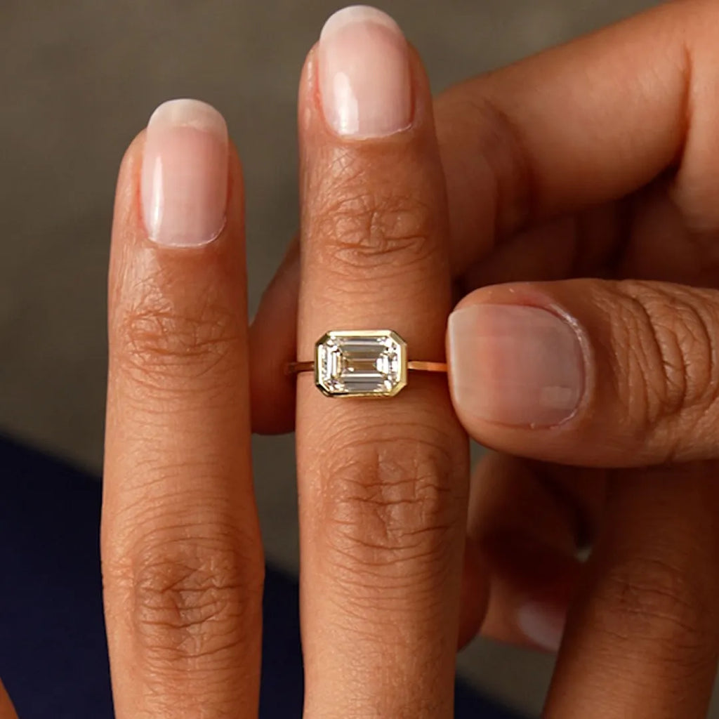 14K Gold 1.50 Carat Lab Grown Diamond Emerald Cut Engagement Ring East West Bezel Setting