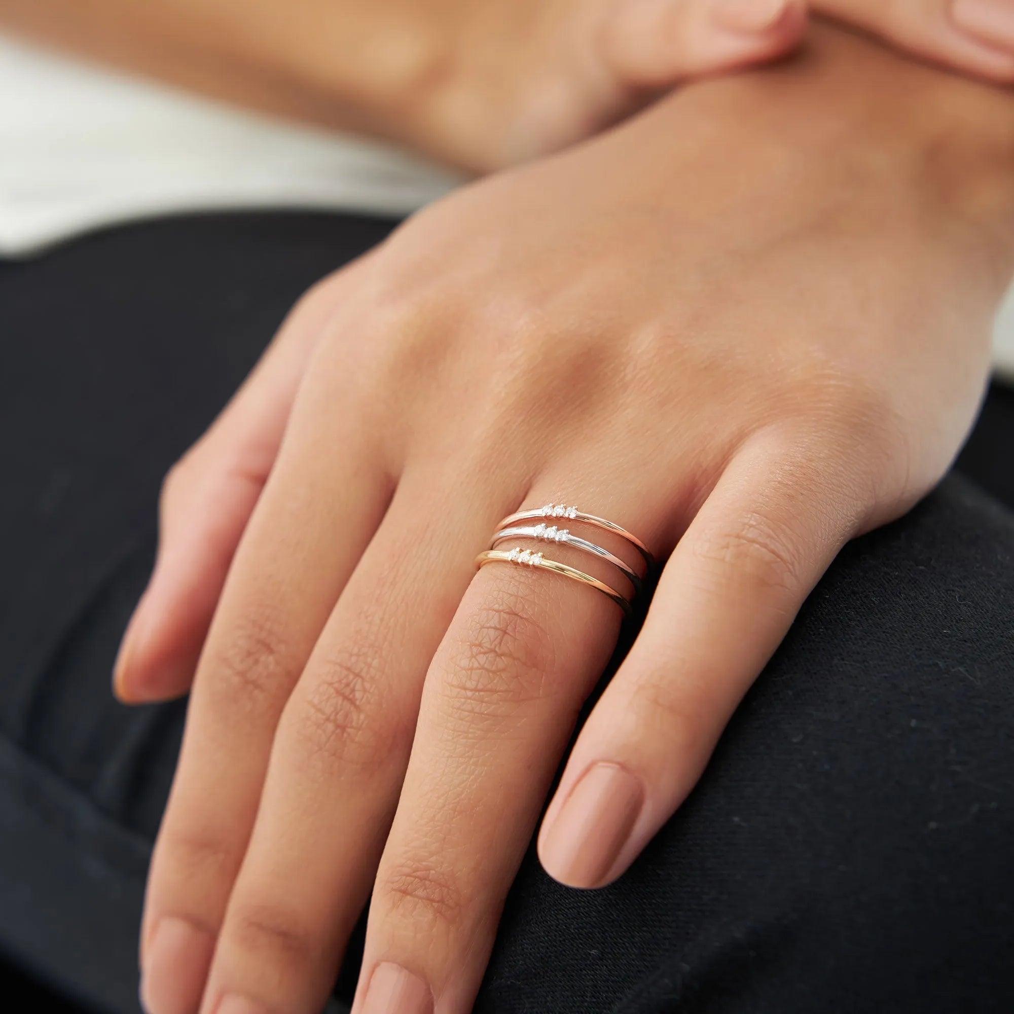 14K Gold Round Diamond 3 Stone Minimalist Ring 0.05 Ctw