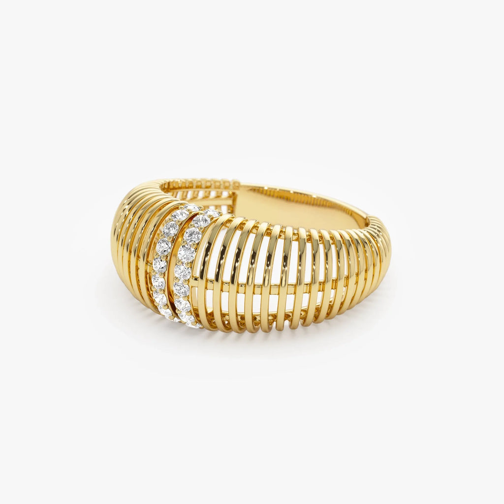 14k Solid Gold Round Diamond 0.18 Carat Ribbed Dome Statement Ring