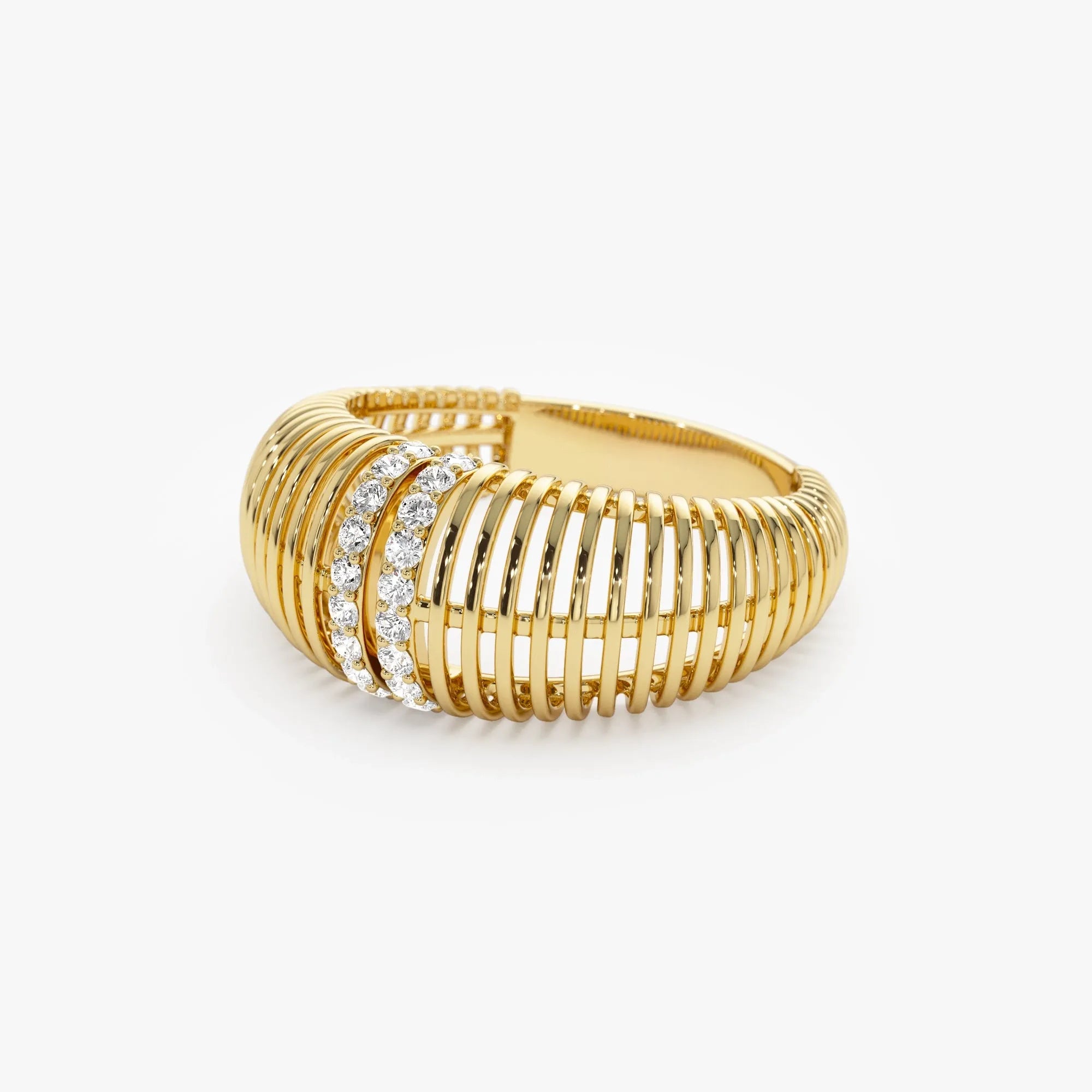14k Solid Gold Round Diamond 0.18 Carat Ribbed Dome Statement Ring