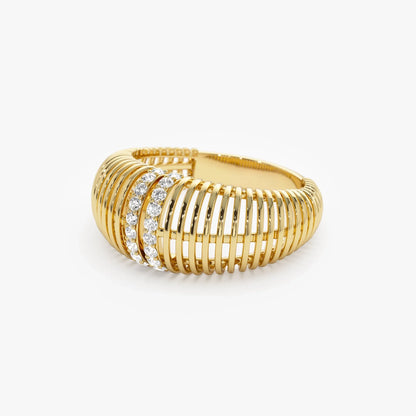 14k Solid Gold Round Diamond 0.18 Carat Ribbed Dome Statement Ring