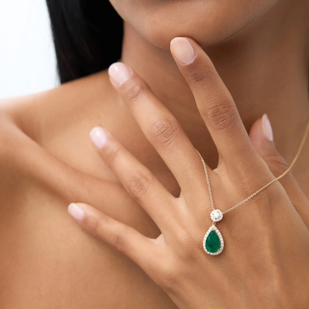 14k Solid Gold Pear Shape Emerald 2.00 CTW and Round Diamond 0.35 CTW Halo Pendant Necklace