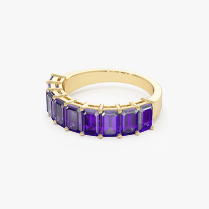 14K Solid Gold Emerald Cut Amethyst 2.55 Carat Nine Stone Ring