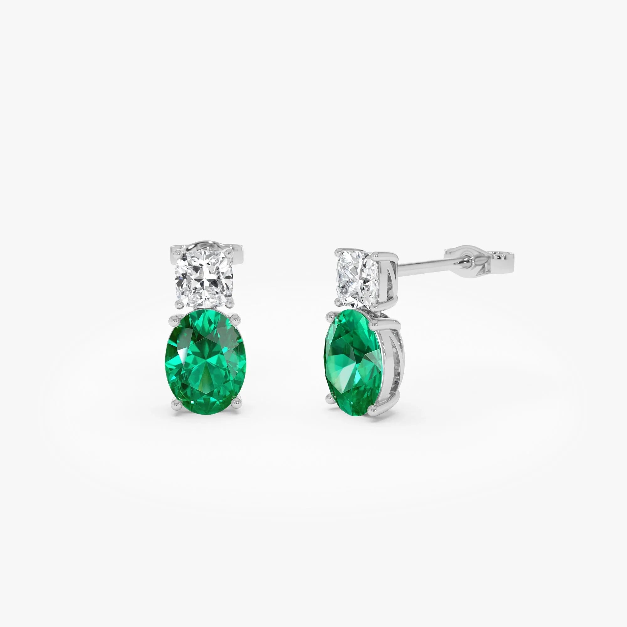 14k Gold Lab Grown Colombian Emerald and Diamond Oval and Cushion Cut Two-Stone Stud Earrings 3.00 ctw